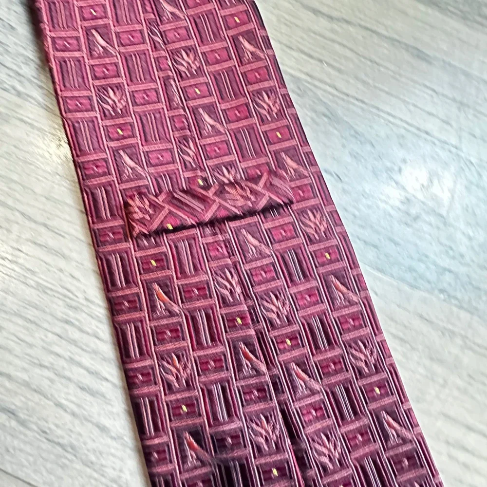 M Frey‎ Wien Burgundy Red Silk Necktie Bird Leaf Pattern Men's Formal Tie
